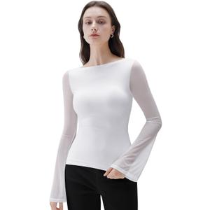 SUUKSESS Women Mesh Sheer Bell Sleeve Tops Double Lined Boat Neck Going Out Shirts (M)