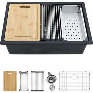 Kichae 28 inch Granite Composite Undermount Kitchen Sink - 28 x 19 Single Bowl Kitchen Sink Matte Black Quartz Workstation Kitchen Sink, 28"x19"x9"