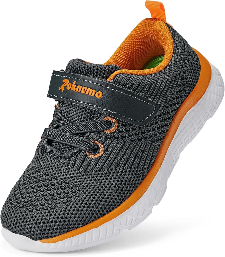 Kids Sneakers for Boys Girls Athletic Running Walking Shoes Lightweight Sports Tennis Shoes Adjustable Strap Sneaker for Little Kid Big Kid Gym School (5 Toddler, Grey-3)
