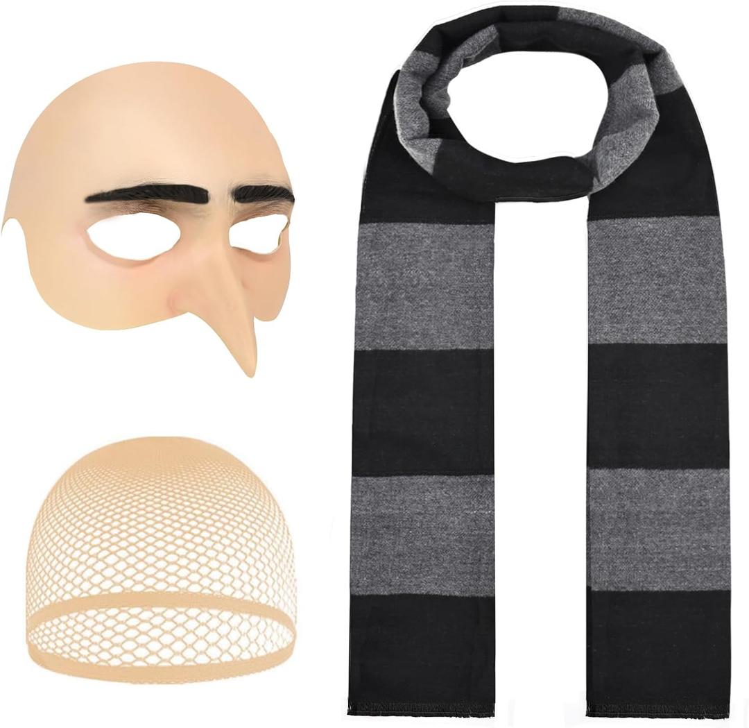 Waipfaru 3Pcs Halloween Costume for Adult, 2025 Bald Cap for Men Halloween Black Gray Striped Scarf and Mesh Wig Cap,Cosplay Classic Characters Party Set