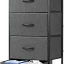DUMOS Nightstand with 4 Drawers Bedside Table with Removable Fabric Bins Sturdy Steel Frame Wood Top Organizer Furniture for Bedroom Closet Living Room, 11.8"D x 17.7"W x 37.4"H