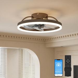 VOLISUN Low Profile Ceiling Fans with Light and Remote, 15.7in Modern Bladeless Ceiling Fan with Lights, 3000K-6500K Dimmable Flush Mount LED Fan Light, Brown Fandelier Ceiling Fans for Bedroom