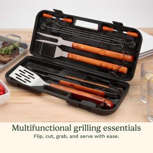 Cuisinart 13-Piece Wooden Handle Grill Tools Set, Grill Utensils Set BBQ Accessories, Durable Stainless Steel Spatula, Tongs, Cleaning Brush & More, Compact Case, Grilling Gifts for Men, CGS-W13