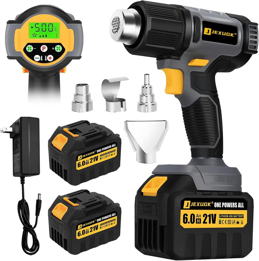 LCD Cordless Heat Gun, Portable Hot Air Gun with 2 x 6.0Ah Battery, Pistola De Calor Inalambrica with 4 Nozzles, 122-1022 Fast Heating Shrink for Vinyl Wrap, Automotive, Paint Removal