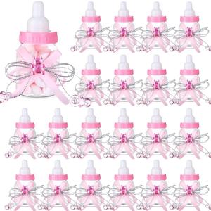 80 Pcs 3.5 Inch Baby Mini Milk Bottle Baby Shower Favor with Small Plastic Bear Candy Bottle with Ribbon for Boy Girl Newborn Baptism Party Decor (Pink)
