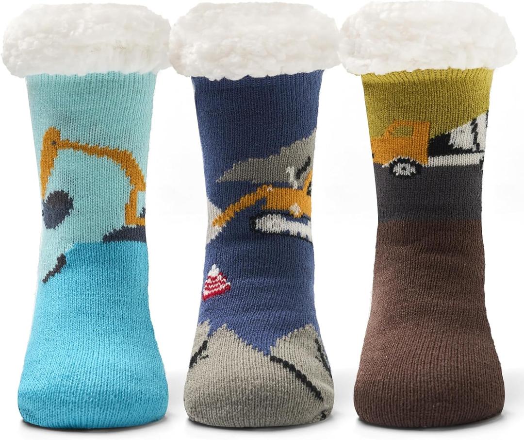 Kids Boys Winter Socks Warm Fuzzy Socks for Girls Home Floor Soft Lined Fluffy Socks with Grips 3 Pack (Engineering Cars 6305)