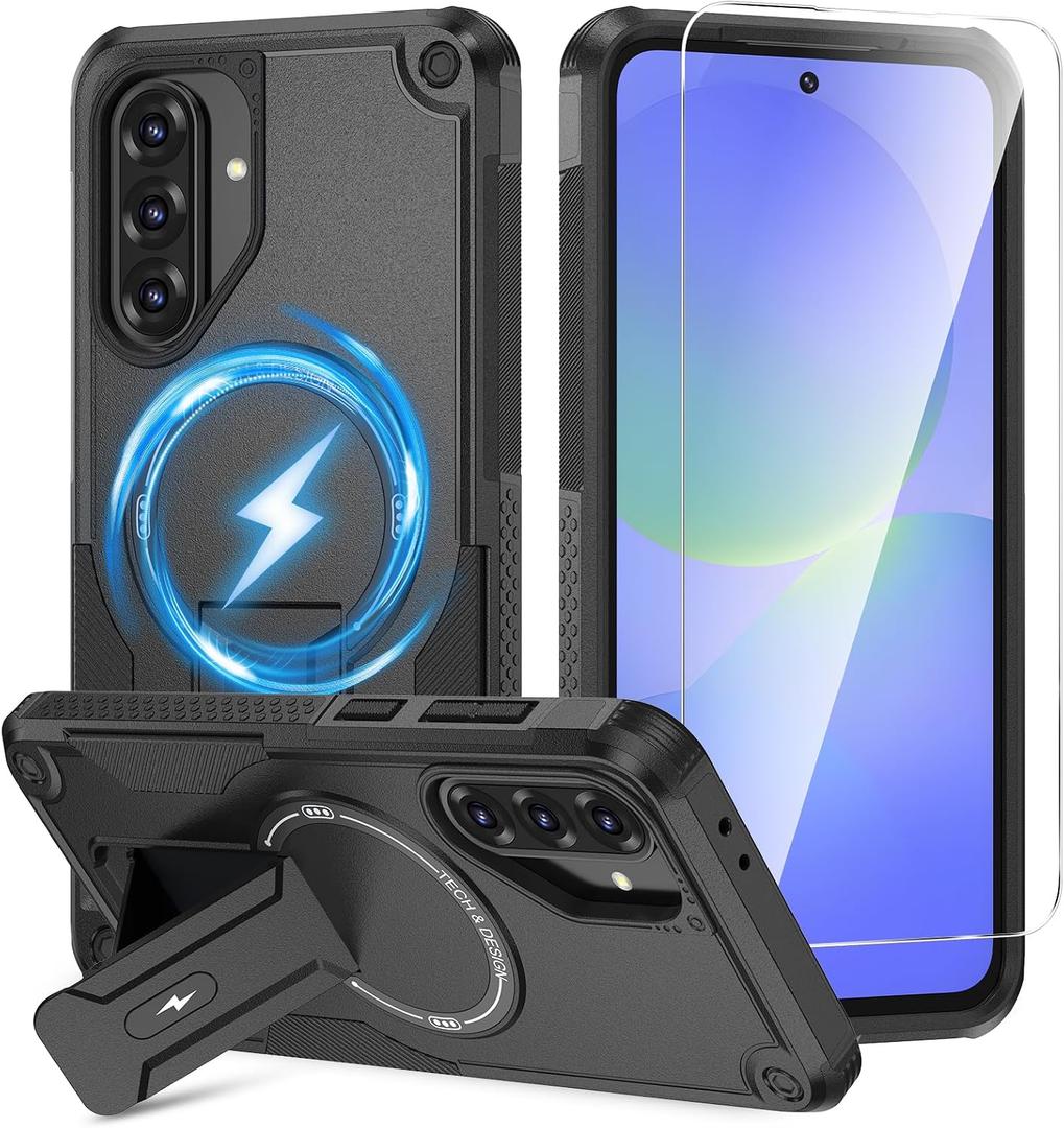 2 x Caka for Samsung Galaxy A37 /A36 5G Case [Compatible with MagSafe] [Invisible Kickstand] [HD Screen Protector], Protective Magnetic Phone Cover for Galaxy A37 4G /5G & A36 5G 2026 - Black