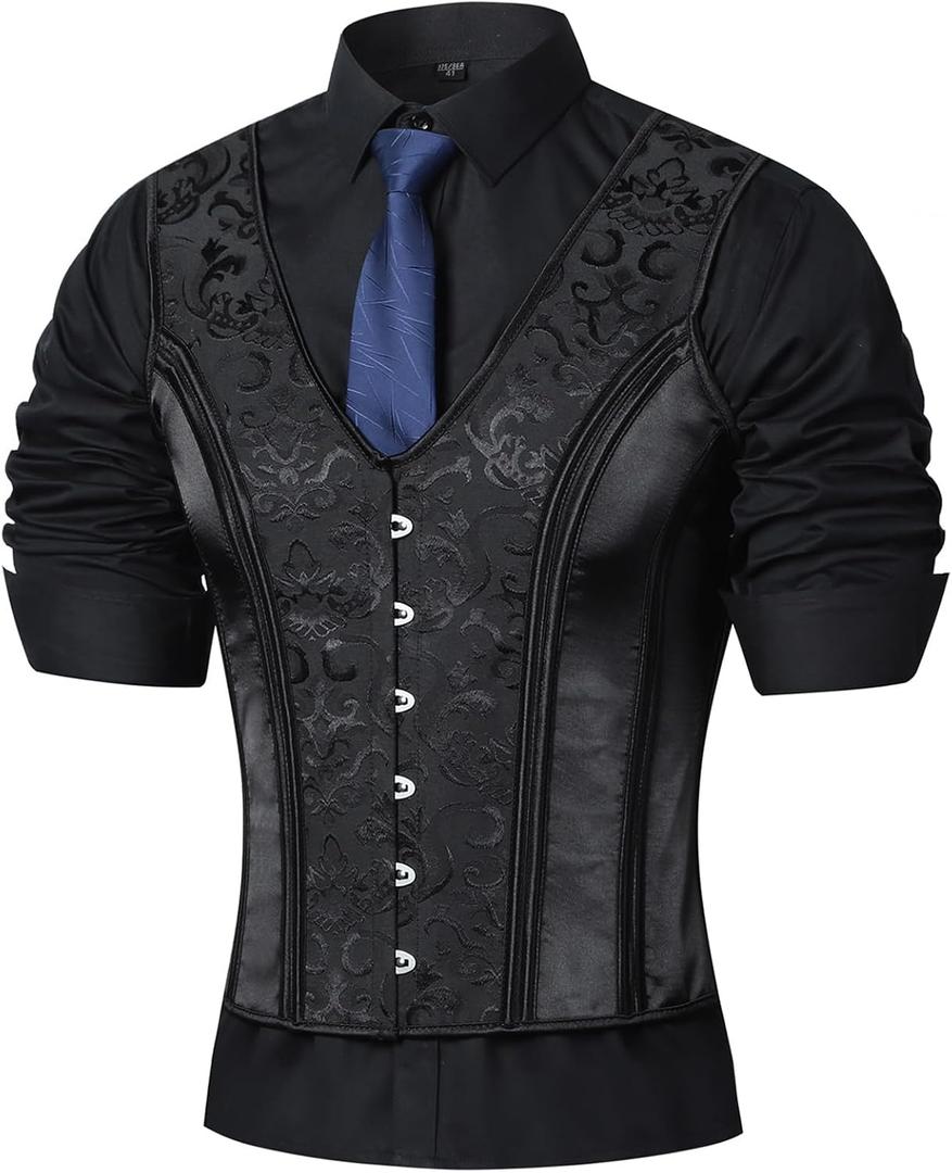 Men Dress Waistcoat Vintage Corset Vest Lace Up Boned Black Formal Tops Wedding Stage (Black, XXL)