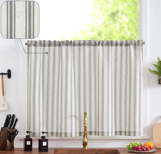 jinchan Striped Kitchen Curtain Linen Farmhouse Cafe Curtain 36 Inch Tiers Balanced Stripe Small Window Drape for Bathroom Laundry RV Over Sink Light Filtering 1 Panel Black on Linen, 50"W x 36"L (Pack of 1)