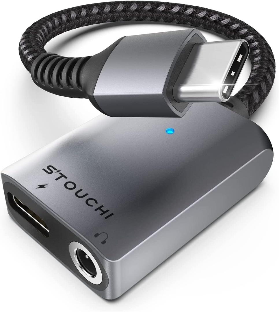 Stouchi 2-in-1 USB C to 3.5mm Headphone Charge Adapter AUX Mic Jack with PD Fast Charging High Resolution DAC for Earphones iPhone 17 16 15, Galaxy S25 /24/S24+/S23/S22/S21, iPad Pro, Pixel 9/8/7 (Grey)