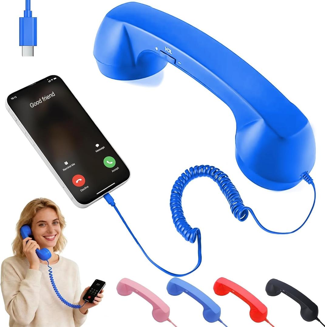 Retro Handset for Mobile Phones Classic Wired Phone Handset with Type-C Connector, Vintage Landline for iPhone, Android, Smartphone, Call Receiver, Comfortable Grip, Stylish Phone Accessory (Blue)
