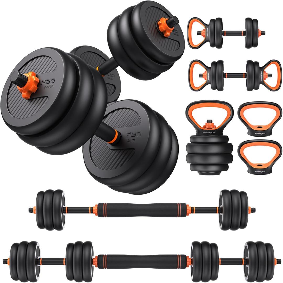 FEIERDUN Adjustable Dumbbells, 20lbs Free Weight Set with Connector, 5 in1 Dumbbells Set Used as Barbell, Kettlebells, Push up Stand, Weight Plate, Fitness Exercises for Home Gym Suitable Men/Women
