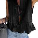 Cicy Bell Womens Bow Front Tie Tank Tops Pleated Babydoll Top Sleeveless Cute Coquette Shirt Summer Outfits (Small, Black)