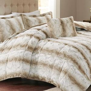 Madison Park Zuri Soft Plush Comforter Set, Faux Fur Animal Stripes Design, Faux Mink On The Reverse, Modern All Season Bedding Set with Matching Sham, Full/Queen, Sand 4 Piece