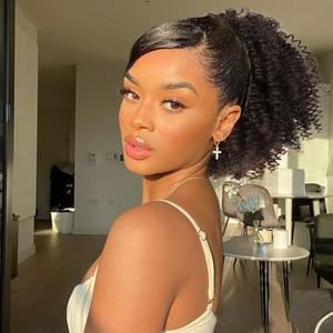 Yargel Hair Short Afro Kinky Curly Drawstring Ponytail Extension For Black Women Synthetic Afro Puff Ponytail Bun With Clips (Natural Black)