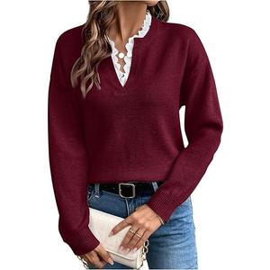 SOLY HUX Women's Long Sleeve Sweater Lace Trim Notched V Neck Knit Pullover Tops Casual Trendy Sweaters
 size L