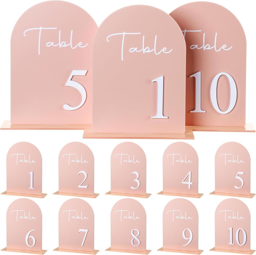 Arched Wedding Table Numbers with Stands 1-10, 5x7 Inch Acrylic Table-number Sign with Holder for Wedding Reception, Party, Anniversary, Event(Nude Pink)