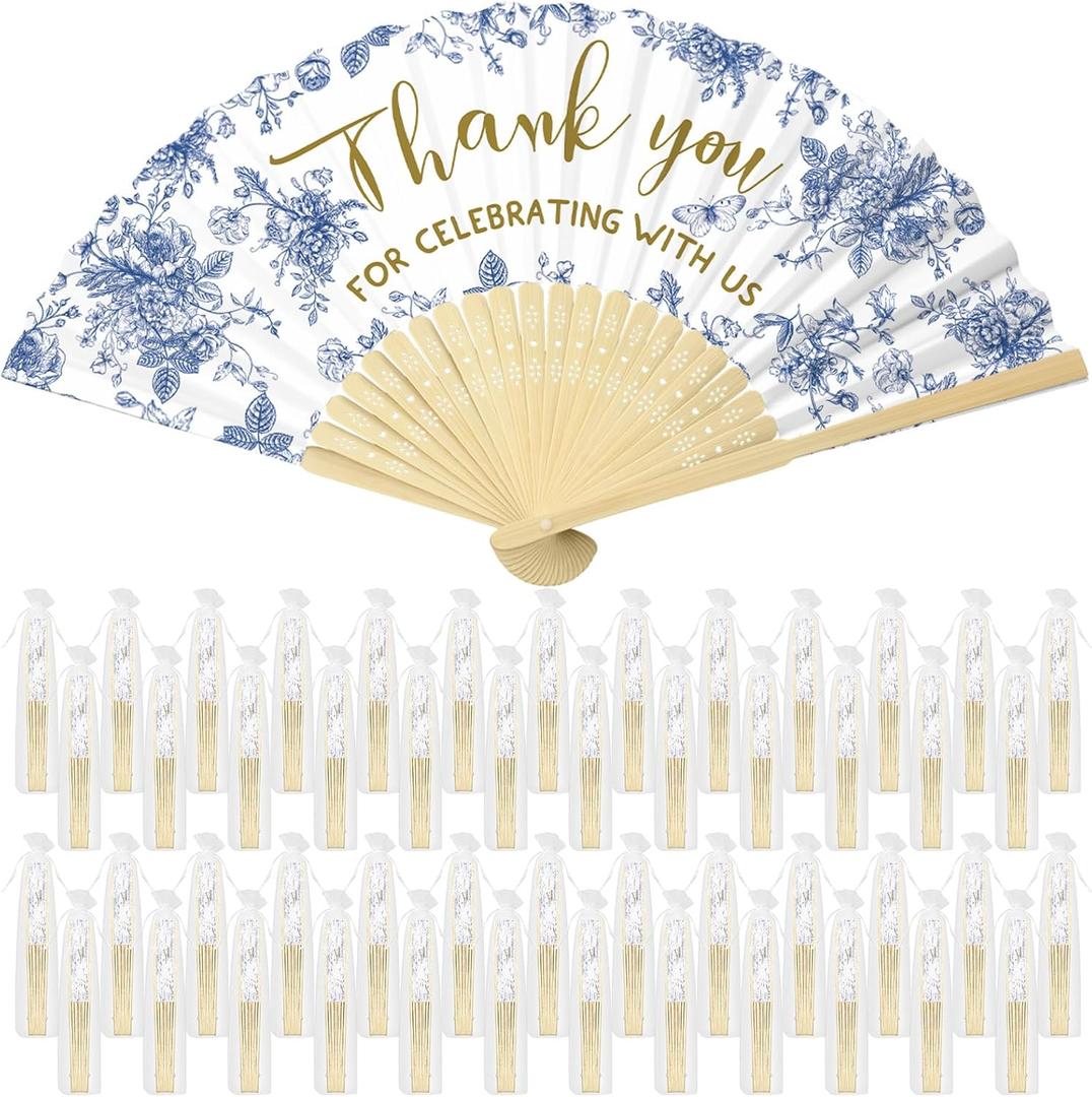 Beeveer 50 Pcs Wedding Foldable Hand Fans Wedding Party Favor with Bag Something Blue Before I Do Handheld Fans Thank You for Celebrating with Us for Bridal Shower Bridesmaid Gift(Blue White Flowers)