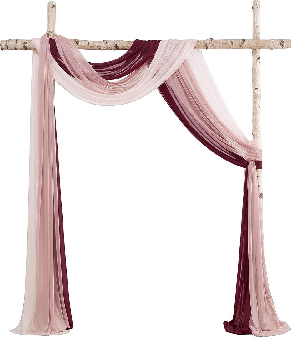 Floroom Wedding Arch Draping Fabric 3 Panels 20Ft Chiffon Fabric Drapes Arbor Drapery Wedding Ceremony Reception Swag Decorations (Burgundy +Dusty Rose +Blush), 30"W x 240"L