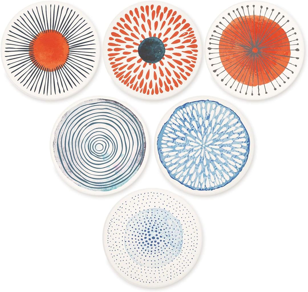 AD Set of 6 Coasters for Drinks Absorbing Round Ceramic Stone Coaster with Cork Base Tabletop Protection Mat for Mugs and Cups,Office,Kitchen (Colorful Series)