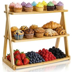 3 Tier Bamboo Serving Tray, Rectangle Serving Platters Tiered Tray Stand, Fruit Cupcake Display Stand Farmhouse Decorative Trays for Appetizers, Snacks, Dessert, Party, Birthday, Wedding