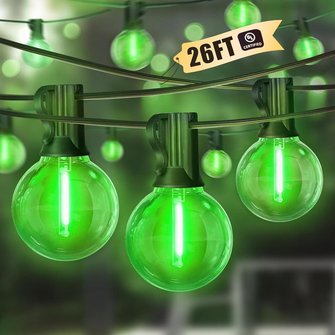 LAMPHOME Green LED Outdoor String Lights, 26FT Patio Lights with 12+1 Shatterproof Edison Bulbs, UL Waterproof Connectable Dimmable Hanging Lights for Backyard Porch Garden Deck Balcony Decor