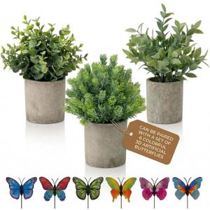 3 Pack Mini Potted Fake Plants Artificial Eucalyptus & Greenery Topiaries with 6 Butterflies,Artificial Plants for Shelf Desk Home Bathroom Farmhouse Room Coffee Table Decor