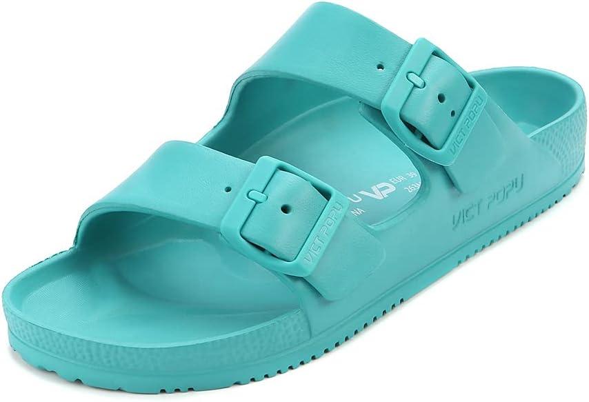 VICT POPU Womens Sandals Adjustable Double Buckle Strap Waterproof EVA Flat Slides (11, Lake Blue)