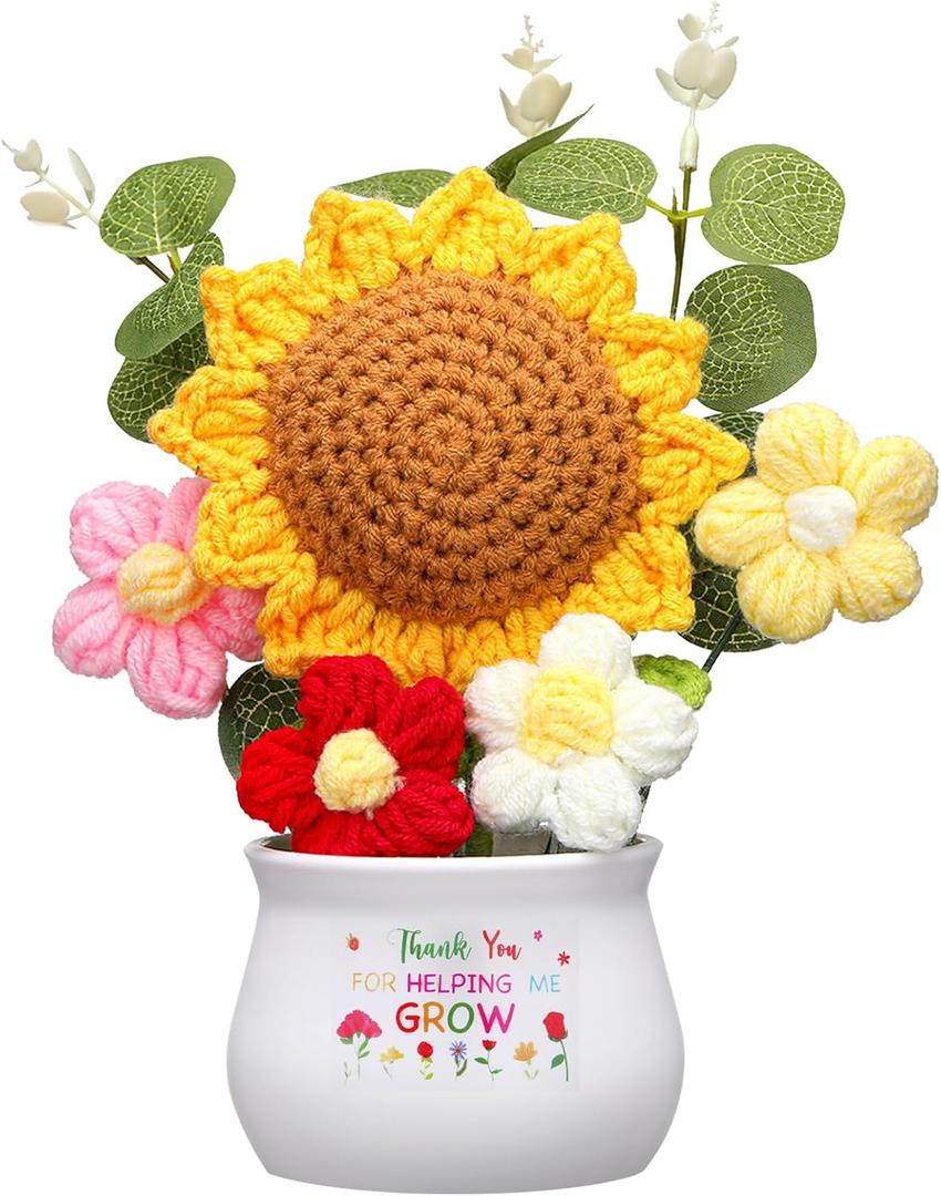 Suncalla Teacher Appreciation Gift Thank You for Helping Me Grow Presents Positive Handmade Crochet Pot for Teacher Boss Lady 2026 Graduation Retirement Gift(Sunflower)
