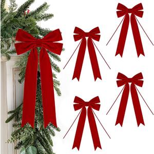 Christmas Bows for Gift Wrapping 8 X 14 Inch Long Velvet Ribbon Bows for Tree Wreath, Garland, Fireplace, Stairs, Mirror, Door, Holiday Crafts Decor, Pack of 4 (Red)