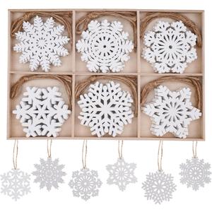30Pcs Wooden Snowflake Ornaments, White Christmas Tree Hanging Decorations DIY Craft Wood Cutouts for Xmas, Rustic Unfinished Wood Snowflakes with Twine for Crafts and Holiday Decor