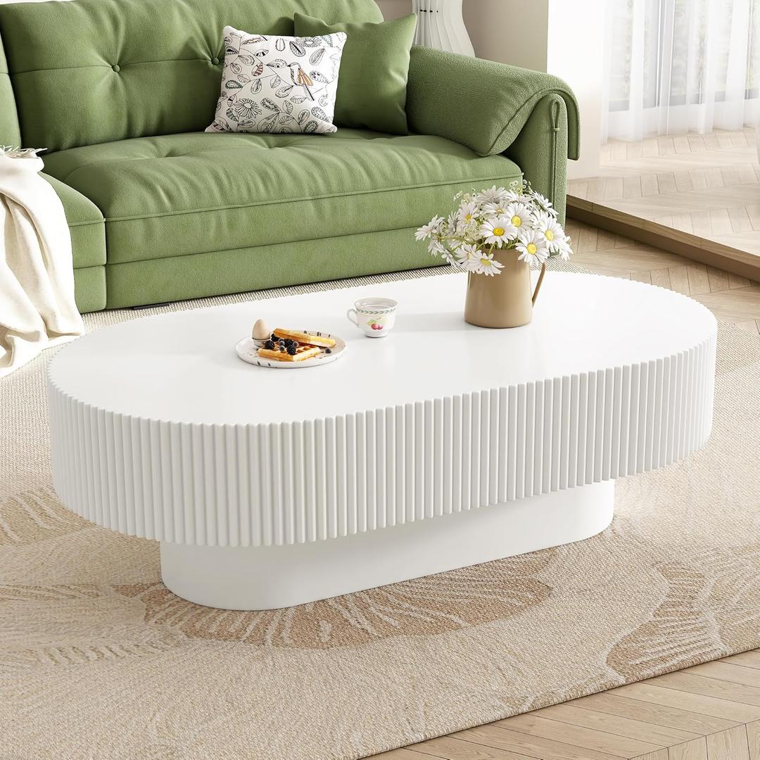 Merax Modern 43.3" W Oval Coffee Table with Sturdy Base, Wood Center Tables for Living Room Reception Room, Easy Assemble, White