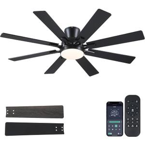 Ceiling Fans with Lights- 52" Low Profile Indoor Ceiling Fan with Light and Remote/APP Control, 8 Blade, Flush Mount, LED Dimmable DC Reversible Modern Ceiling Fan for Bedroom, Black