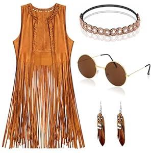 60s 70s Outfits for Women Hippie Costume Clothes Set 70s Costume Tops Women Fringe Hippie Vest for Halloween, S