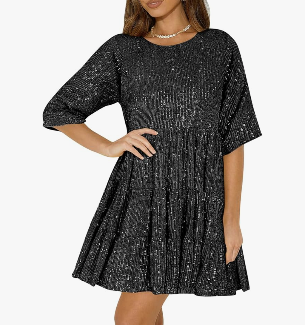 Women Sparkly Sequin Dress Short Flowy Tiered Tunic Dress Shiny Loose Glitter Party Club Night Out Mini Dress
 S