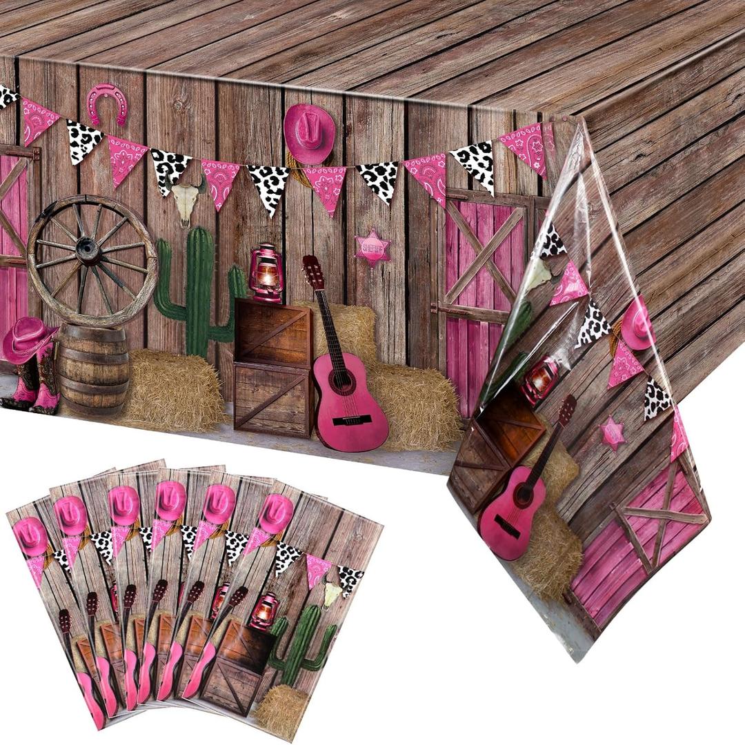 Tiamon 6 Pieces Western Party Tablecloth Cowgirl Table Cover Pink Western Cowgirl Plastic Tablecloth Disposable Wild West Table Cover for Baby Shower Birthday Party Supplies, 54 X108 Inch