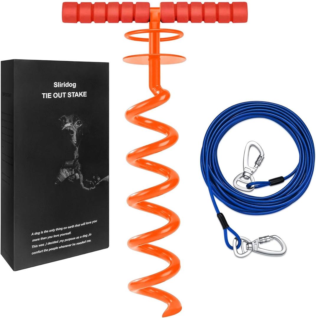 Heavy Duty 30FT Dog Tie Out Cable and Stake for Large Dogs, Dog Tie Out Stake and Cable Anchor for Dogs Up to 200 lbs,for Yard, Beach, Outdoor(Orange)