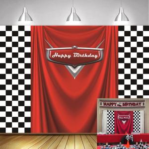 7x5ft Car Black White Grid Red Birthday Themed Backdrops Racing Flag Red Photo Backgrounds for Photography Happy Birthday Party Banner Photo Booth Props