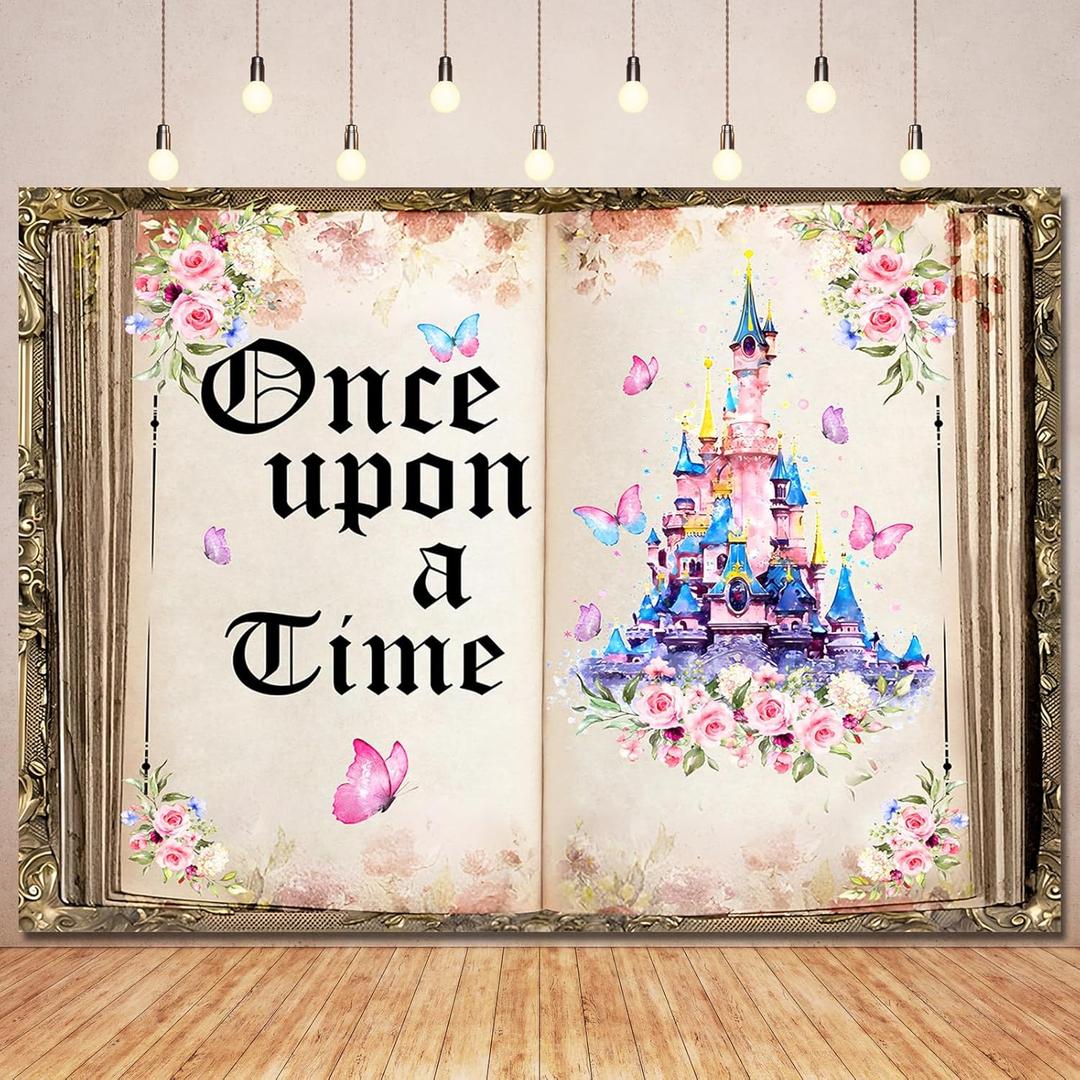 Ayayiya Once Upon a Time Backdrop Princess Fairytale Birthday Decorations,Pink Floral Butterfly Castle Retro Fairy Book Background for Girls 1st Bday Women Wedding Party Banner Photo Booth Props 7x5ft