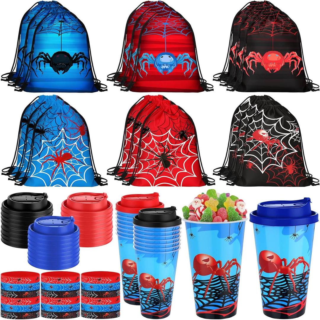 Potchen Hero Party Favors Hero Pow Birthday Party Supplies Decorations for Guests Including Drawstring Gift Bags Cups and Wristbands for Christmas Birthday Gift Favors(72 Pcs,Spider)