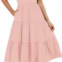 Zeagoo Women's Summer Dresses Midi Tiered Casual Dress Floral V Neck Ruffle Short Sleeve Flowy Beach Dress with Pockets (Medium, Pink Round Dot)