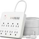 6 FT Flat Plug Surge Protector Power Strip,8 Multiple AC Outlets with 6 USB Ports (2 USB C), 6 Feet Extension Cord, 1250W/10A, One Touch Switch Button, 17 in 1 Compact powerstrip (White, 6FT)