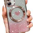 FABSPARK for Samsung Galaxy S25 Phone Case, Compatible with Magsafe, Magnetic Plating Glitter Gradient Cute Heart Clear Case, Camera Protection for Samsung Galaxy S25, Pink