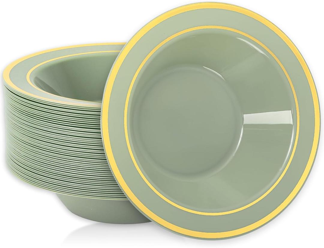 Whaline 5Pcs Sage Green Plastic Bowl with Gold Rim 12 Oz Disposable Soup Bowl Dessert Serving Bowls for Wedding Birthday Bride Shower Party Supplies Table Decor