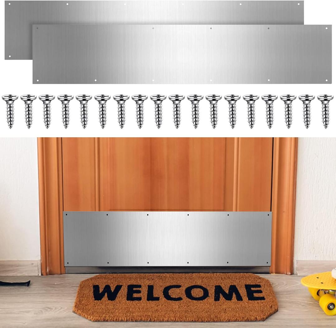 Dunzy 8 x 36 Inches Metal Kick Plate for Bottom of Door Aluminum Kick Plates with Screws for Wood Metal Door Interior/Exterior Anti Scratch Protection(Silver,2 Piece)