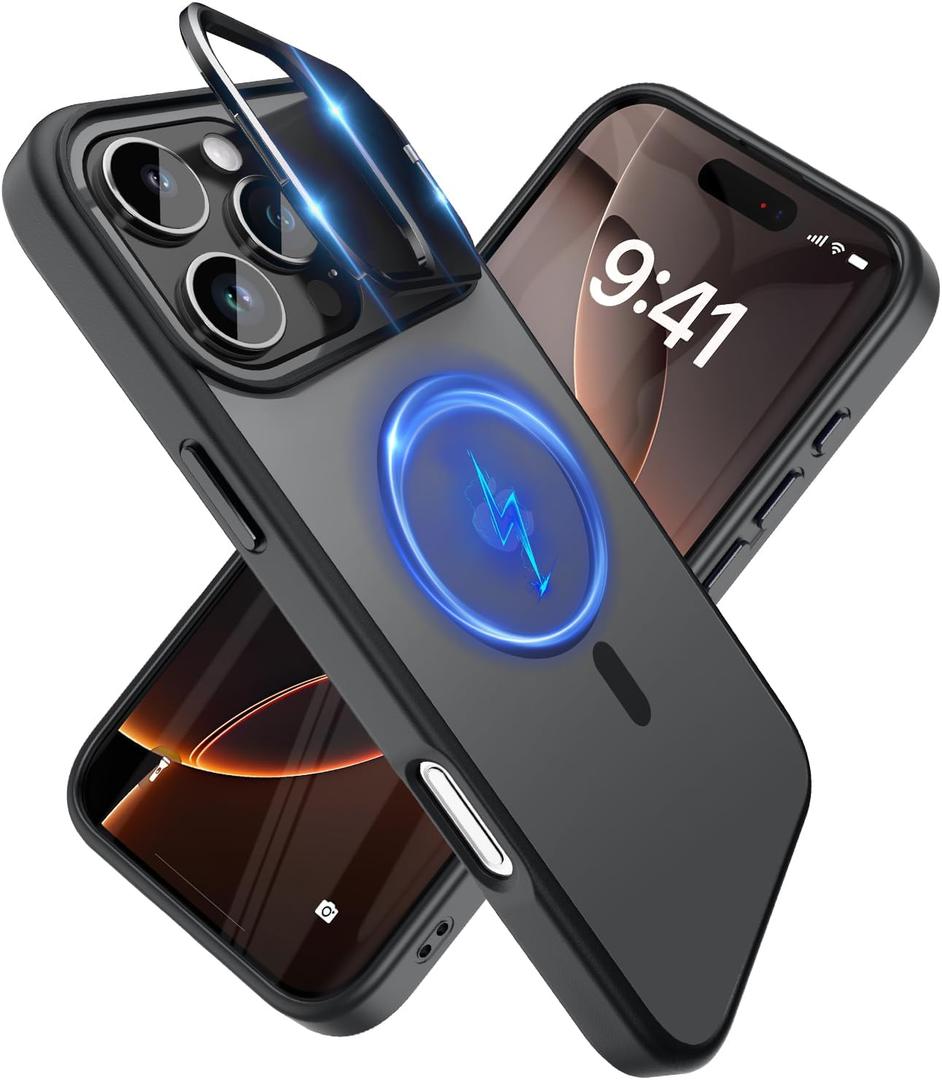 YFEMLAZ for iPhone 16 Pro Case(Built-in Invisible Kickstand) Heavy Duty MagneticCompatible with MagSafe Military-Grade Drop Protection,Translucent Matte for iPhone 16 Pro Case 6.3",Black