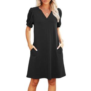 RUMIA V-Neck Summer Casual Sundress for Women- Puff Short Sleeve Swing Beach Dress with Pockets (Black, XL)