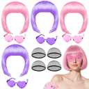 PLULON 4 Pcs Colorful Bob Wigs with Heart Plastic Sunglasses Hair Cap for Women Men, Pink Purple Neon Short Bob Wig Colored Funny Cosplay Hair for Daily Bachelorette Halloween Costume Party Decor