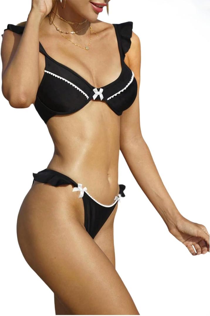 Women's 2 Piece Plain Bikini Set V Neck Ruffle Trim Bow Triangle Set High Cut Bikini Swimsuit Bathing Suit Beachwear (Medium, Black)
