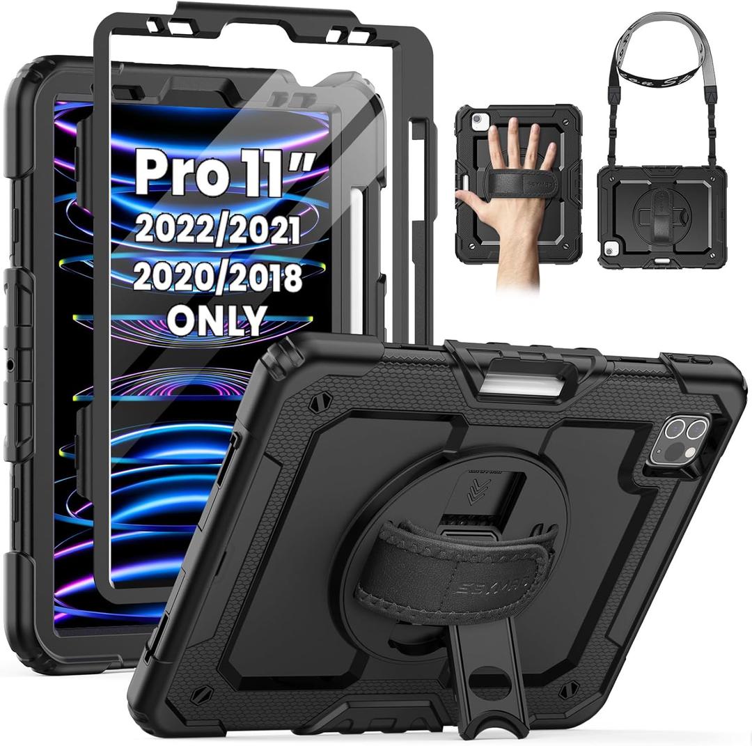 SEYMAC Case for iPad Pro 11 Case 4th/ 3rd/ 2nd/ 1st Gen (2022/2021/2020/2018), Full-Body Shockproof Protective Case with Screen Protector, 360 Rotating Stand and Hand/Shoulder Strap, Black